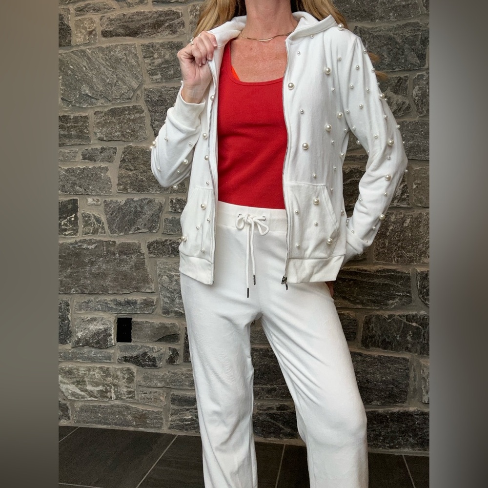 White Zipper Hooded Jacket with Pearl Embellishment, SOFT, size S Boston Proper - Picture 6 of 12